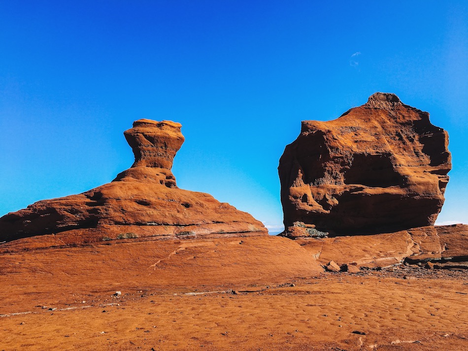 Two sandstone structures that are visible along Medford Beach. 