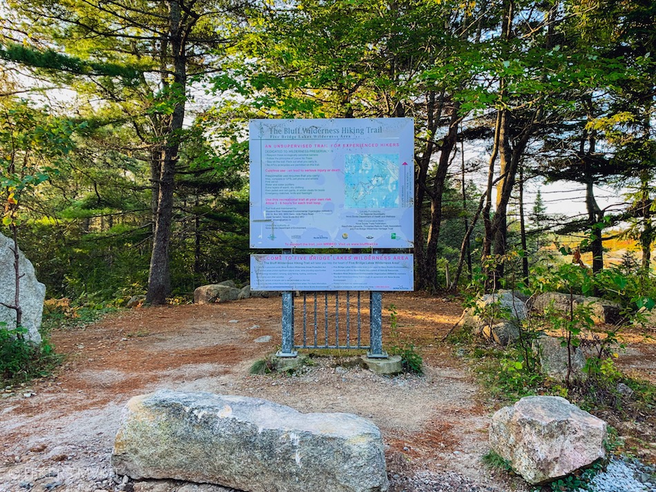 Sign indicating the beginning of the Bluff Wilderness trails. 