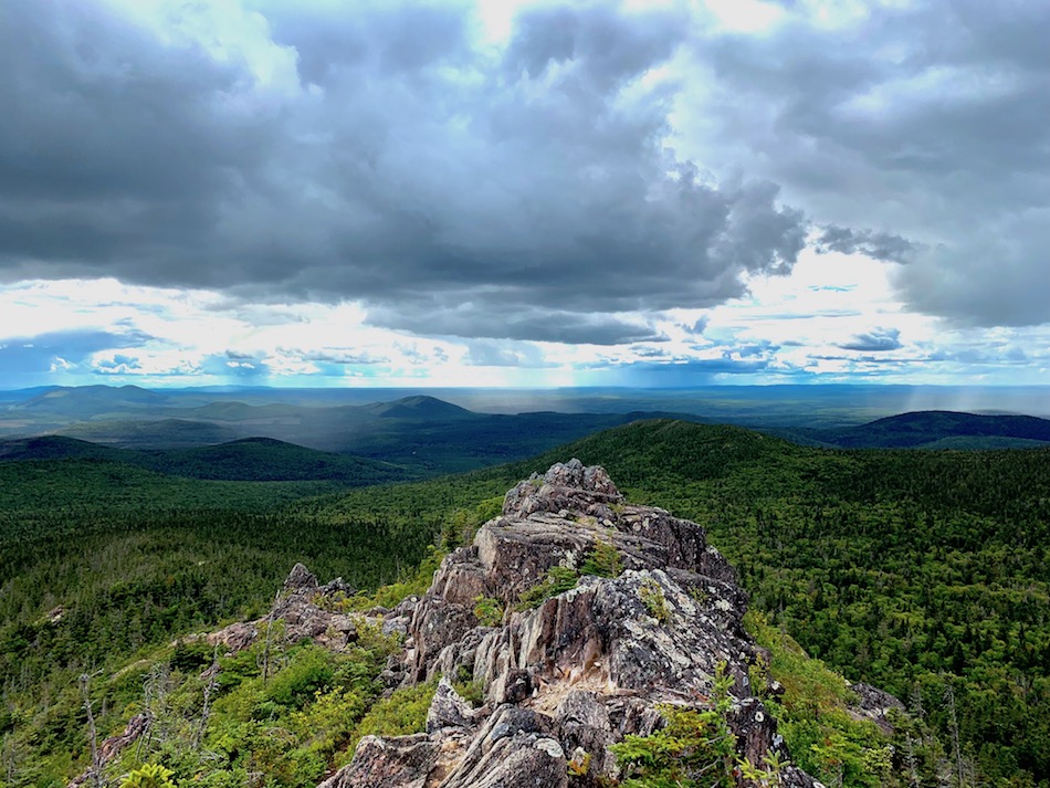 The lookout on the Mount Carleton trail with rain clouds in the background. 
