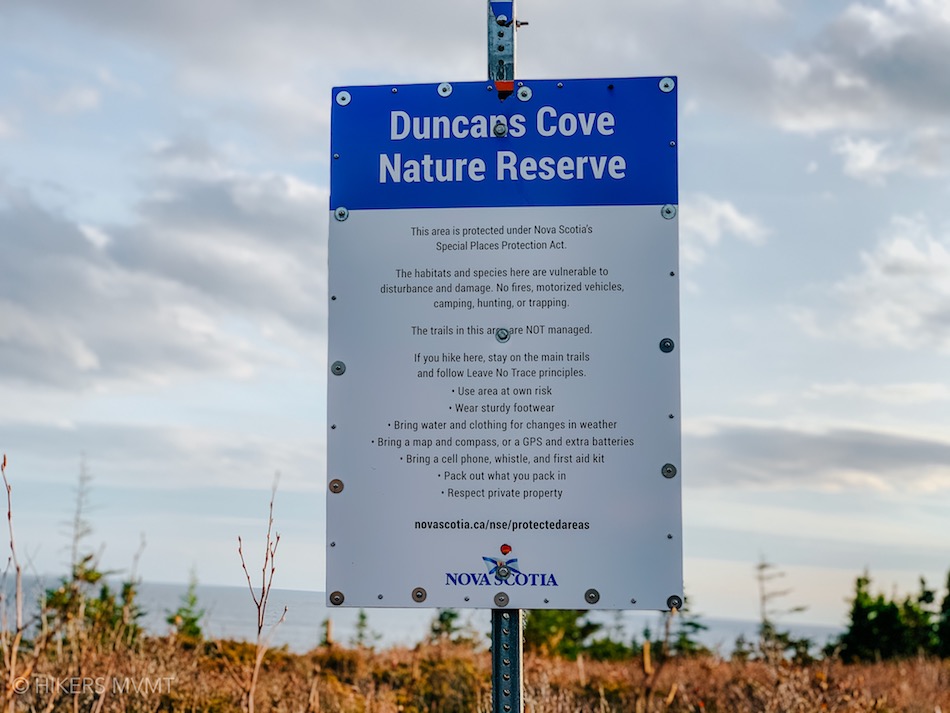 A nature reserve sign at Duncans Cove letting people know this is a protected area. 