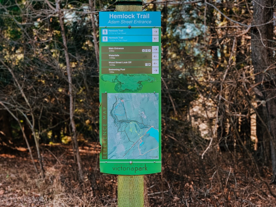 Information map at the beginning of the Hemlock Trail at Victoria Park.