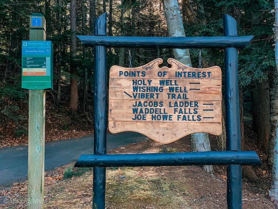 Large sign indicating which hiking trails and waterfalls that are in the Victoria Park. 