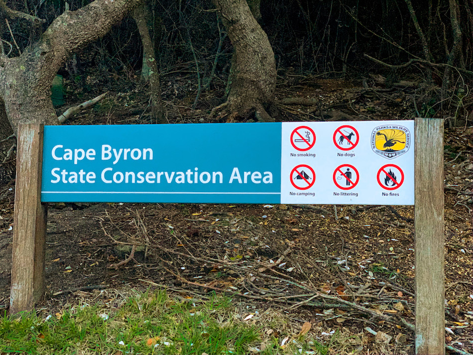 The Cape Byron Walking Track conservation area sign before you begin the trail. 