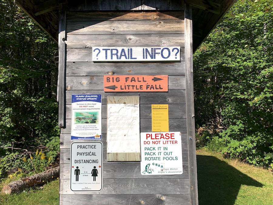 Trail information sign at the beginning of North River Falls trailhead. 