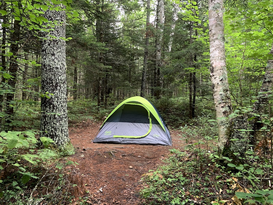 Our tent in the middle of the woods in an opening along the Channel Lake Loop trail.