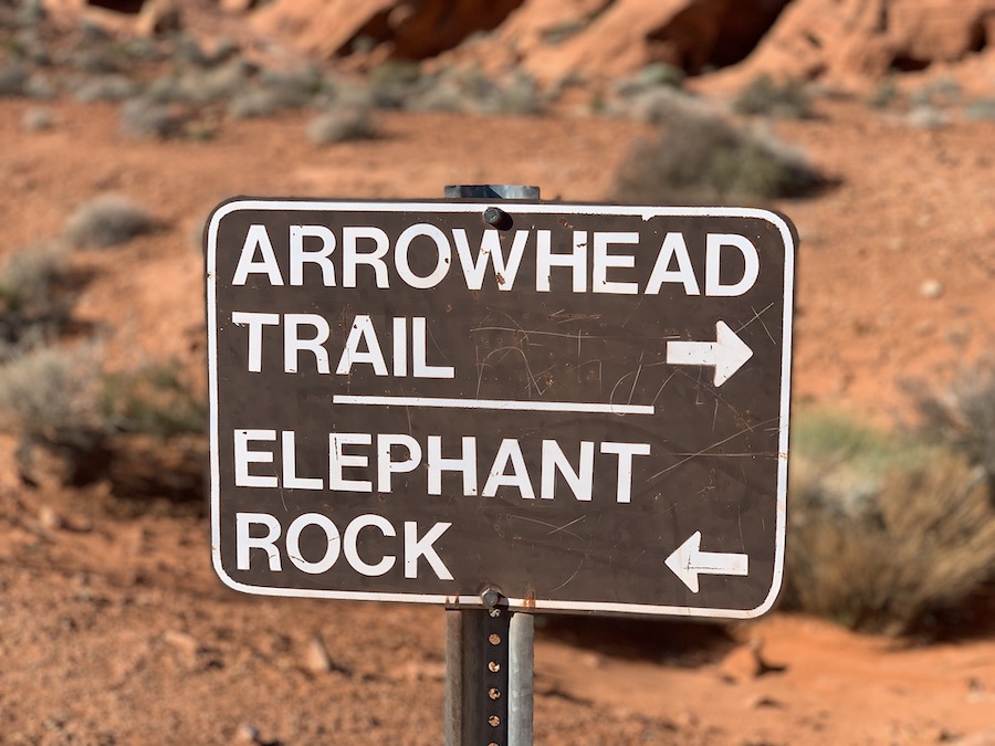 Sign showing which direction is Elephant Rock and which is to Arrowhead Trail. 