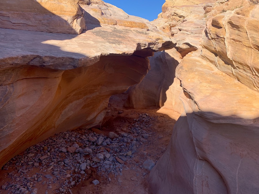 Trail surrounded by close canyon walls in the Valley Of Fire State Park. 