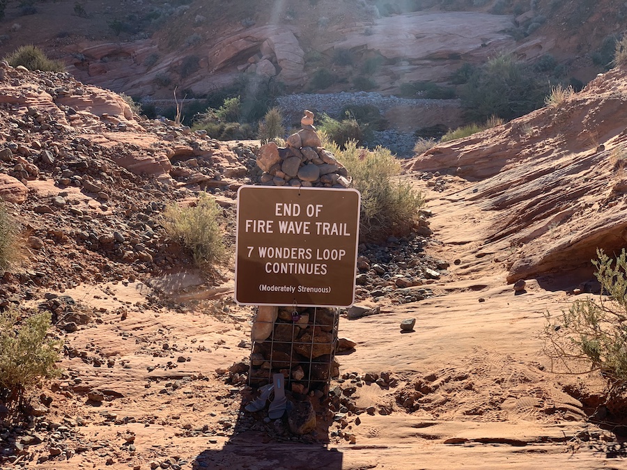 Trail sign indicated the end of the Fire Wave Trail and that the 7 Wonders Loop continues. 