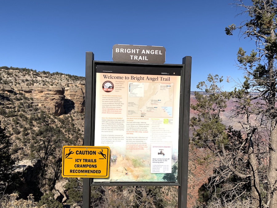 Trail sign at the beginning of the Bright Angel Trail in the Grand Canyon. 