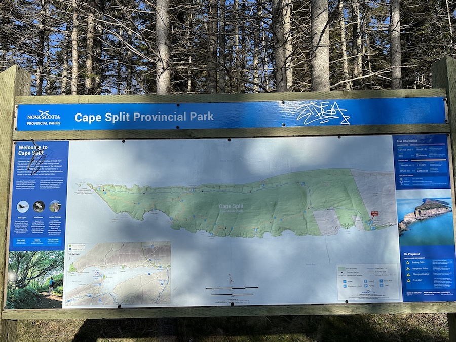 Map of Cape Split Provincial Park at the beginning of the hiking trail.