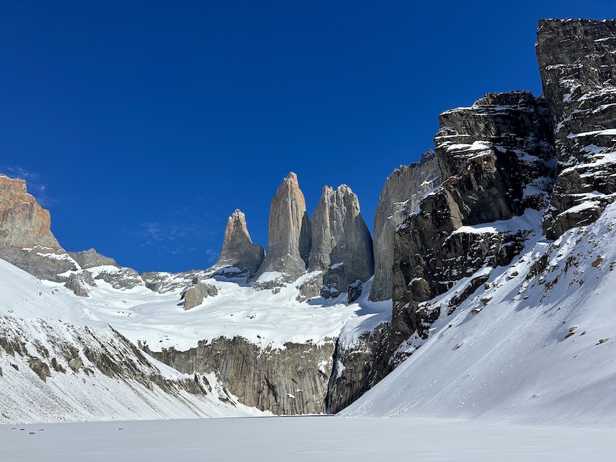 View of Mirador Las Torres (Base Torres), the three iconic granite peaks  
