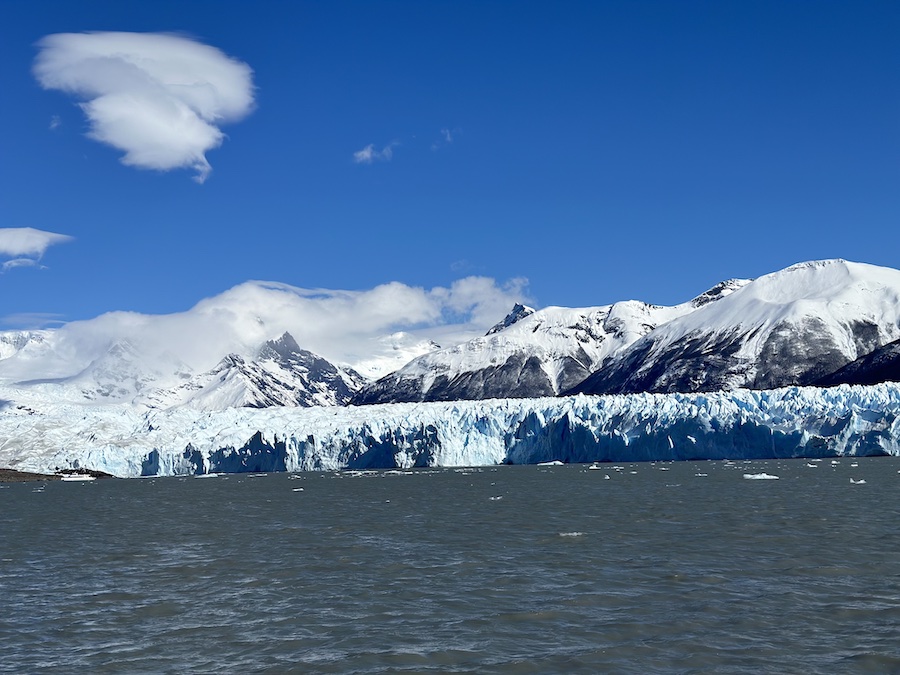 View of Perito Moreno Glacier from the boat while crossing Lago Rico. 