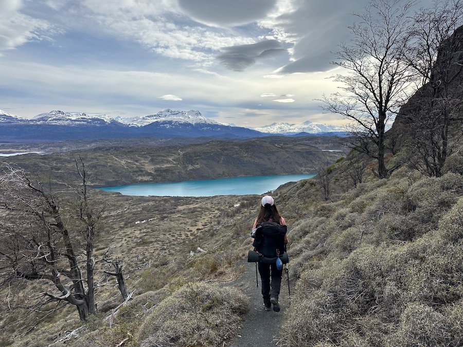 Hiking on Lazo Weber Trail in Patagonia. Helps to show hiking essentials safety measures. 