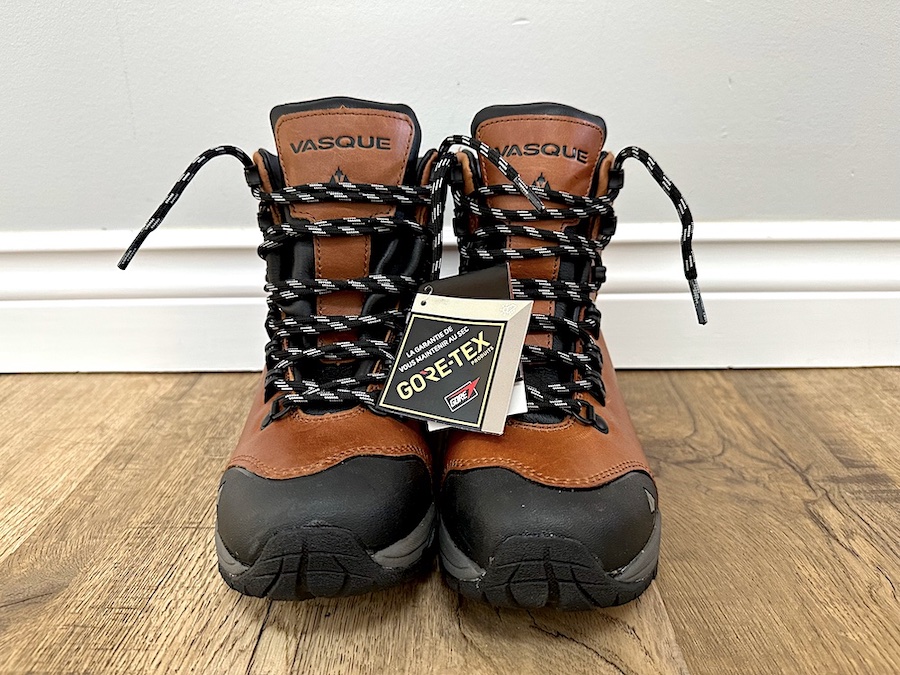 A pair of women's brown leather gore-tex hiking boots from Vasque footwear.