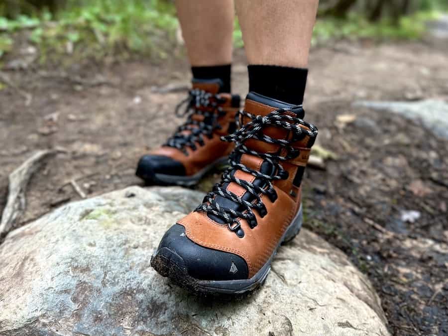 Close up of Vasque Hiking Boots. It shows the details of the hiking boots being described.