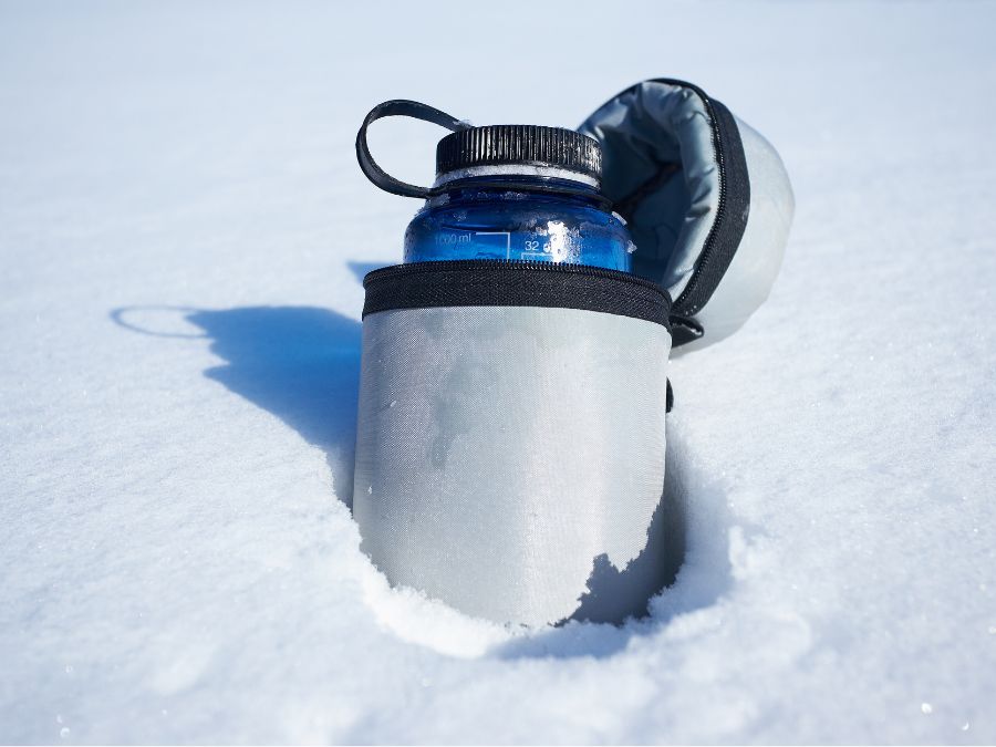Water bottle in the snow.