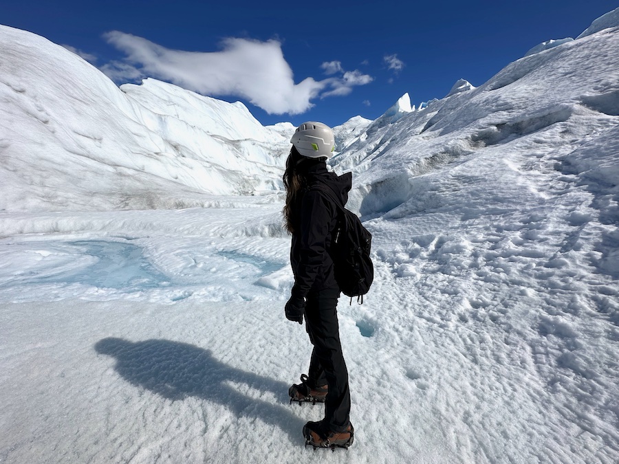Julia hiking on a glacier during the winter.