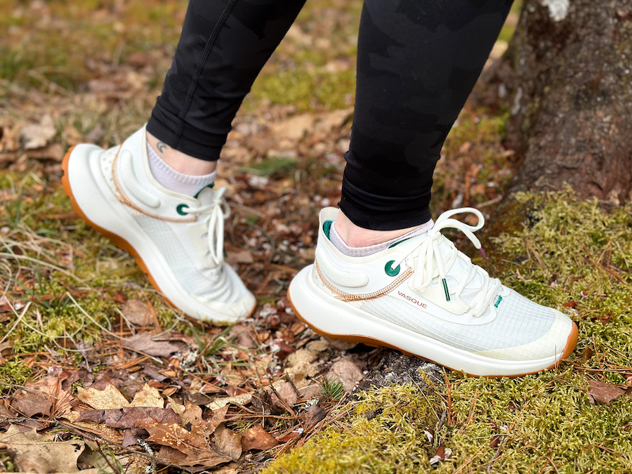Walking in the woods in the Vasque Re:Connect Now sneakers
